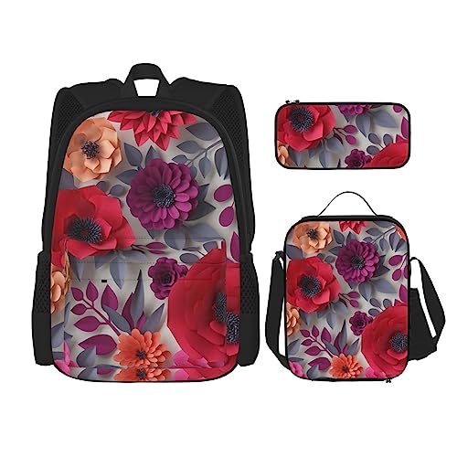 Rucksack mit roten, rosa Blumen, personalisiert, Reisetasche mit Lunch-Tasche, Federmäppchen, 3-teiliges Set, Schwarz , Einheitsgröße, Daypack Rucksäcke von PEIXEN