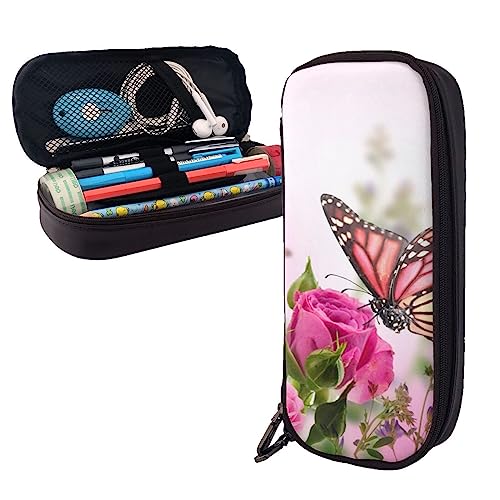 Schmetterling küssende Blumen Bleistift Fall Große Kapazität Leder Bleistift Tasche Tragbare Bleistift Tasche mit Reißverschluss für Büro Organizer, Schwarz , Einheitsgröße von PEIXEN