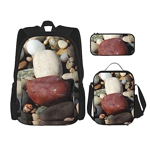 Sea Pebble Rocks Stones Rucksack Personalisierte Reisetasche mit Lunchtasche Federmäppchen Set von 3 Stück, Schwarz , Einheitsgröße, Daypack Rucksäcke von PEIXEN