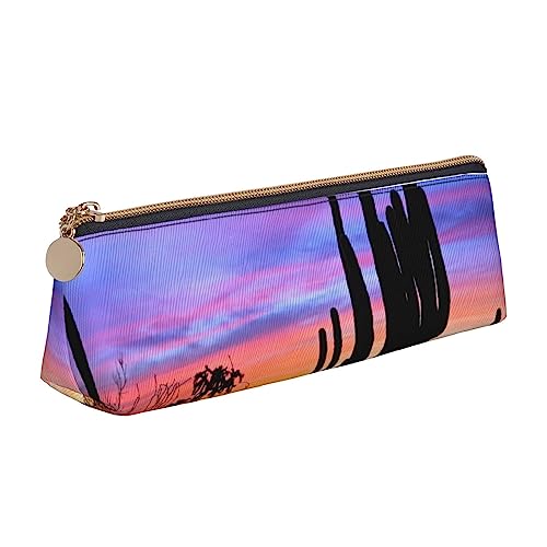 Silhouette Sunset Lit Sky Federmäppchen Leder Bleistift Tasche Tragbare Kosmetiktasche Dreieck Stifttasche Aufbewahrungstasche für Arbeit Büro Reisen, weiß, Einheitsgröße von PEIXEN