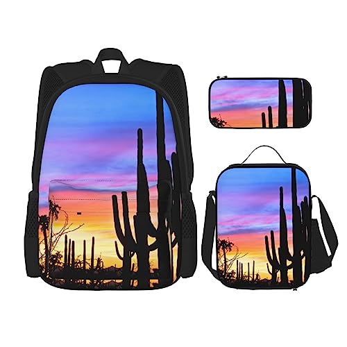 Silhouette Sunset Lit Sky Rucksack Personalisierte Reisetasche mit Lunchtasche Federmäppchen Set von 3 Stück, Schwarz , Einheitsgröße, Daypack Rucksäcke von PEIXEN