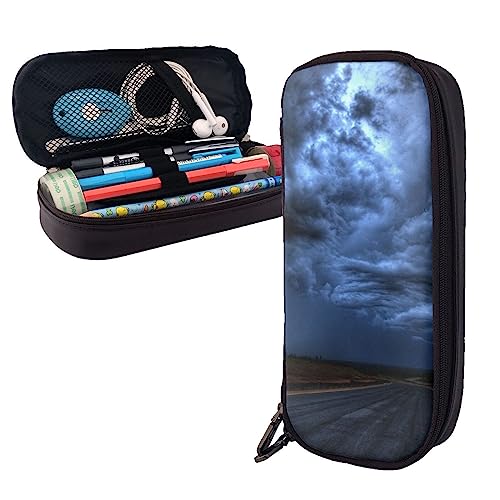 Wolken und Autobahn bei Nacht Federmäppchen Große Kapazität Leder Bleistift Tasche Tragbare Bleistift Tasche mit Reißverschluss für Büro Organizer, Schwarz , Einheitsgröße von PEIXEN