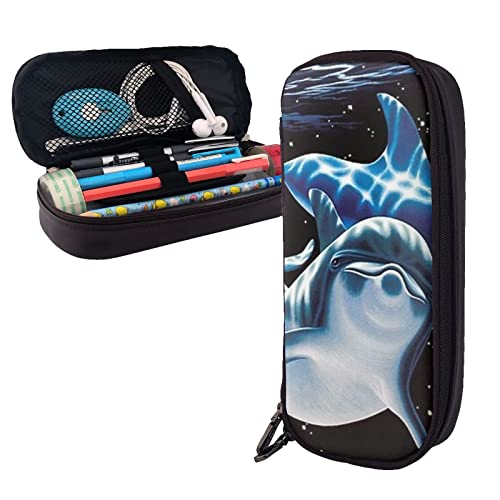 dolphin earth Federmäppchen Große Kapazität Leder Bleistift Tasche Tragbare Bleistift Tasche mit Reißverschluss für Büro Organizer, Schwarz , Einheitsgröße von PEIXEN