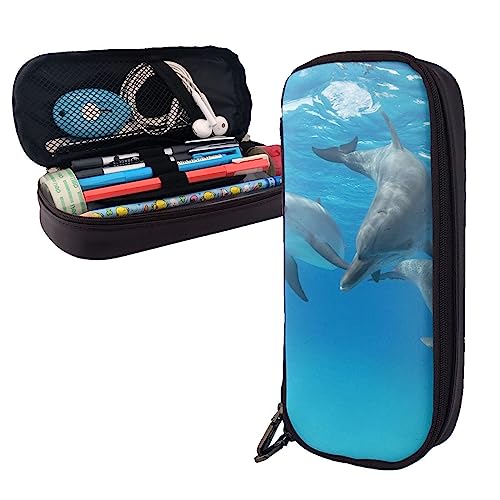 dolphins art Pencil Case Big Capacity Leather Pencil Pouch Portable Pencil Bag with Zipper for Office Organizer, Schwarz , Einheitsgröße von PEIXEN