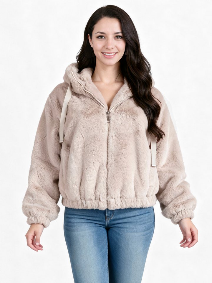 PEKIVESSA Fellimitatjacke Gefütterte Kapuzenjacke aus Kunstfell kuschelweich mit Reißverschluss von PEKIVESSA