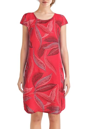 PEKIVESSA Leinenkleid Knielang mit Blattmuster Kurzarm Rot 40 (L) von PEKIVESSA