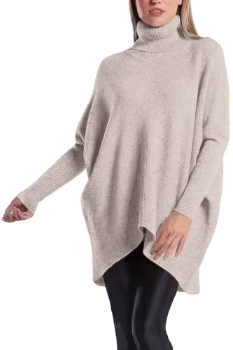 PEKIVESSA Oversized Langer Rollkragenpullover Damen länger Beige 38-46 (Herstellergröße One Size) von PEKIVESSA