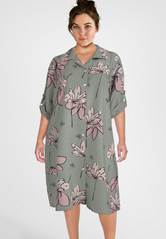 PEKIVESSA Sommerkleid Hemdblusenkleid mit Turn-Up-Ärmel Legerer gerader Schnitt mit Allover-Print von PEKIVESSA