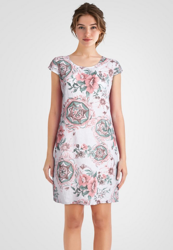 PEKIVESSA Sommerkleid Leinenkleid knielang kurzarm (A-Linie, 1-tlg) mit floralem Muster von PEKIVESSA