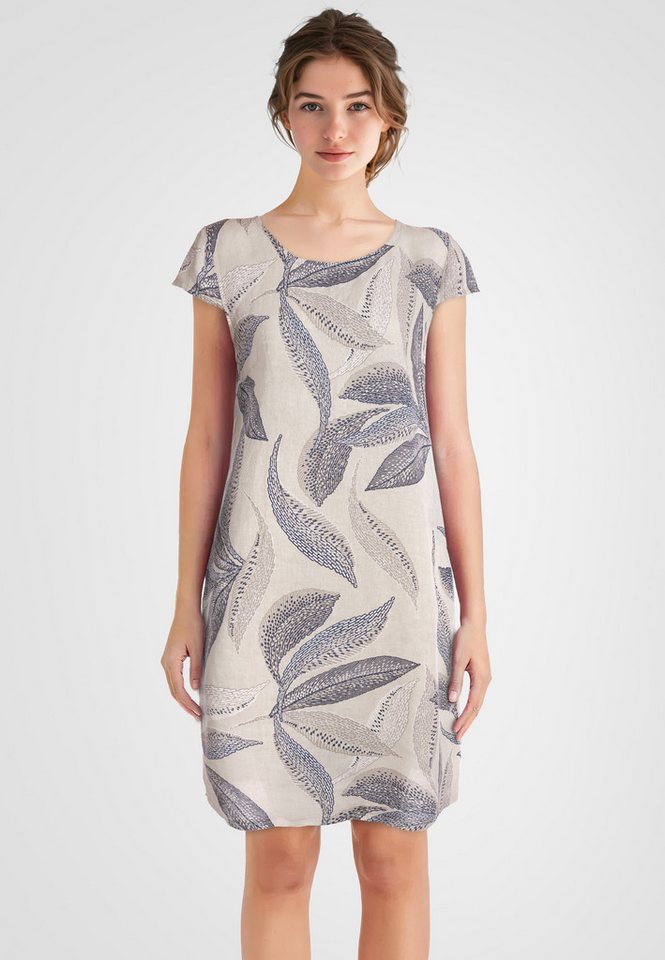 PEKIVESSA Sommerkleid Leinenkleid knielang kurzarm mit Blattmuster von PEKIVESSA