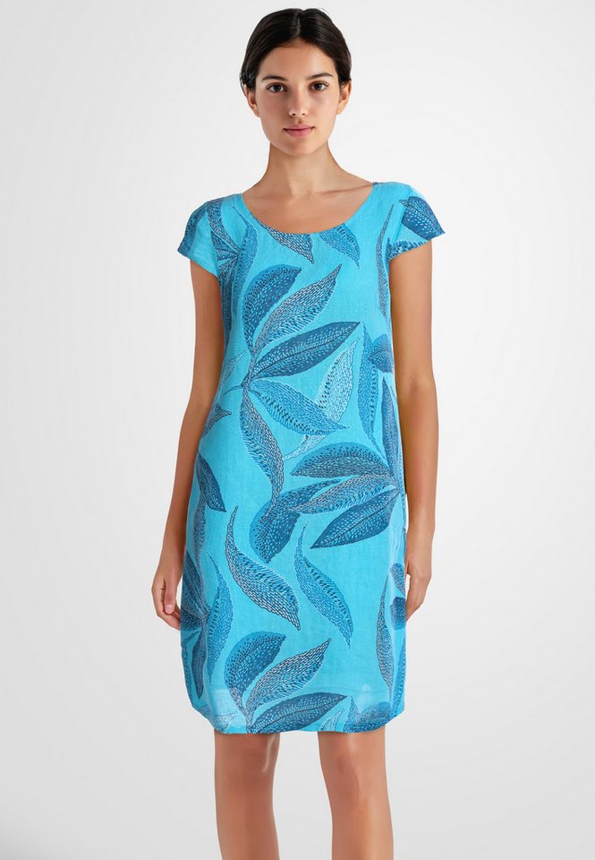 PEKIVESSA Sommerkleid Leinenkleid knielang kurzarm mit Blattmuster von PEKIVESSA