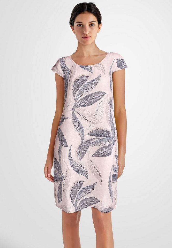 PEKIVESSA Sommerkleid Leinenkleid knielang kurzarm mit Blattmuster von PEKIVESSA
