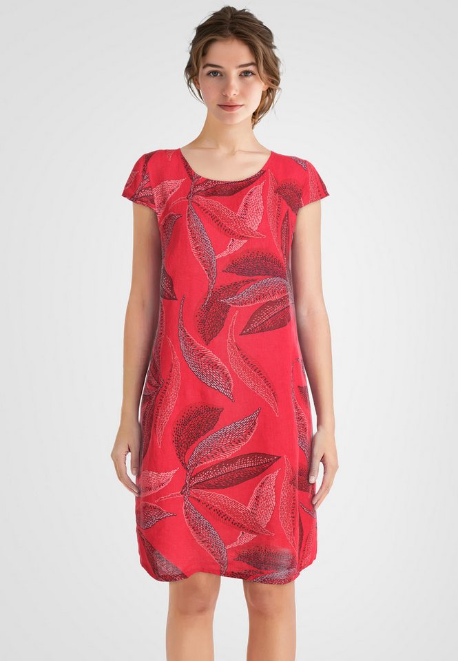 PEKIVESSA Sommerkleid Leinenkleid knielang kurzarm mit Blattmuster von PEKIVESSA