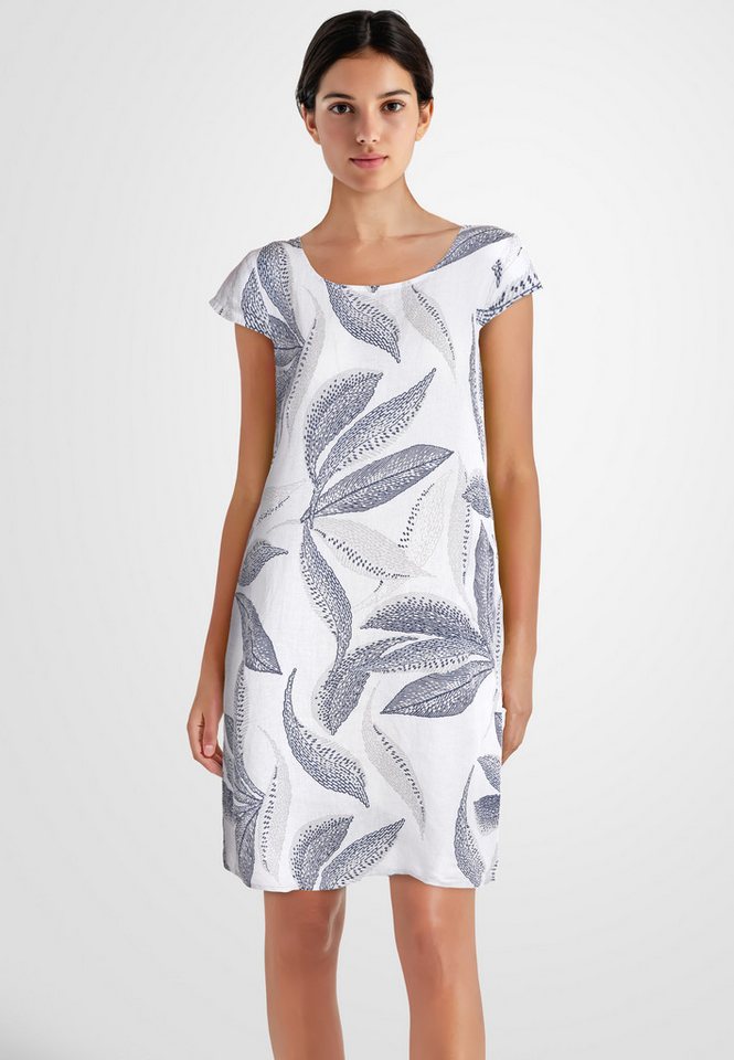 PEKIVESSA Sommerkleid Leinenkleid knielang kurzarm mit Blattmuster von PEKIVESSA