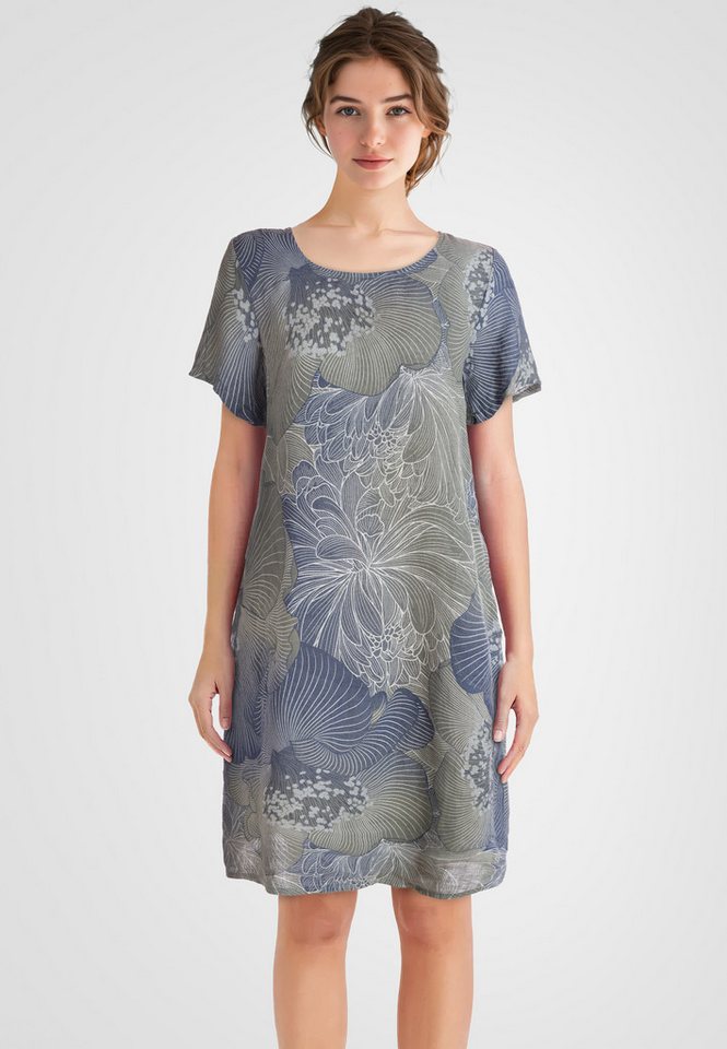 PEKIVESSA Sommerkleid Leinenkleid knielang mit kurzen Ärmeln Leinenstoff mit Blumenmuster von PEKIVESSA