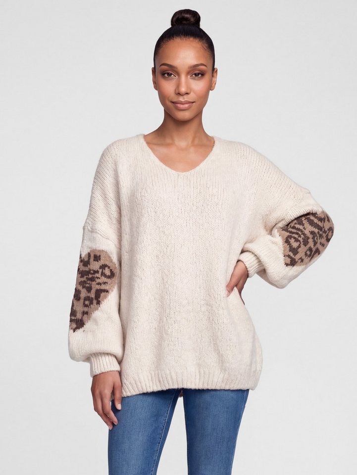 PEKIVESSA Strickpullover Oversized Pullover mit V-Ausschnitt Ärmel mit Herz-Motiv und Leopardenmuster von PEKIVESSA