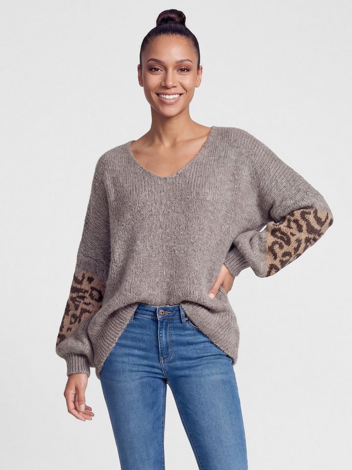 PEKIVESSA Strickpullover Oversized Pullover mit V-Ausschnitt Ärmel mit Herz-Motiv und Leopardenmuster von PEKIVESSA