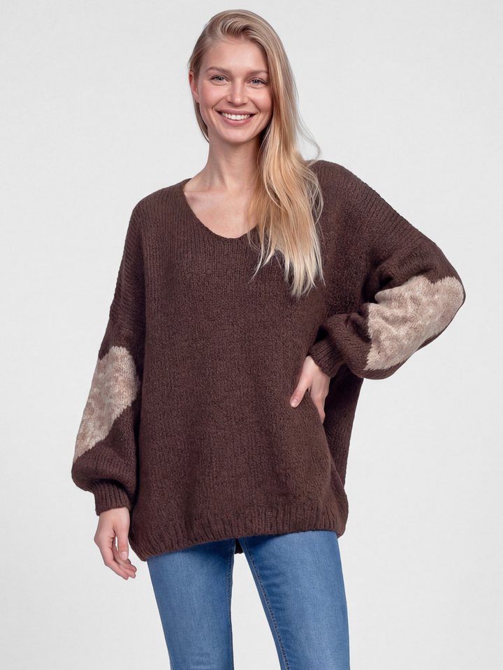 PEKIVESSA Strickpullover Oversized Pullover mit V-Ausschnitt Ärmel mit Herz-Motiv und Leopardenmuster von PEKIVESSA