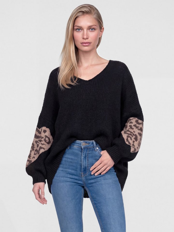 PEKIVESSA Strickpullover Oversized Pullover mit V-Ausschnitt Ärmel mit Herz-Motiv und Leopardenmuster von PEKIVESSA
