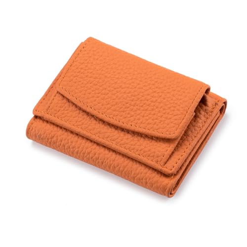 PEKJDS Mini Leder-Brieftasche, weiche Leder-Tasche für Frauen, Faltbare Kurze Brieftasche, kleine Dreifache kompakte Brieftasche mit Münztasche, RFID-Blockierung Kreditkartenhalter (Orange) von PEKJDS