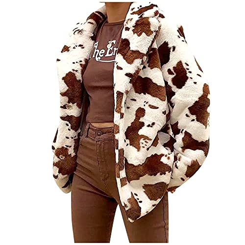 PEKLOKIW Damen Übergangsjacke Parka Taschen Utility Jacket Herbst- und Winterjacken, Damen Herbst und Winter Mode Kuhmuster Verdickter Kuh-Print Plüsch Revers Langarm Mantel (Weiß, S) von PEKLOKIW