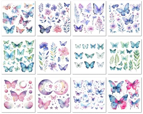 12 Blätter Glitzer Temporäre Tattoos Wasserfest Schmetterling Designs Lila Grün Langlebig Gefälschte Körperkunst für Frauen Kinder Party von PEKNUX
