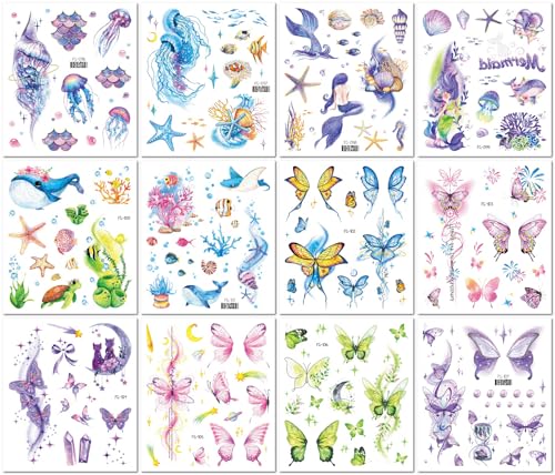 12 Bögen Aquarell-Aufkleber-Set mit Ozean- und Schmetterlingsmotiven, Meerjungfrau, Meeresleben und Fantasy-Motiven von PEKNUX