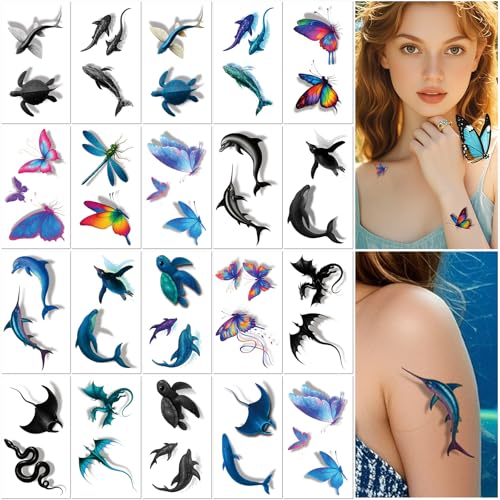 20 Blatt 3D Stereo Tier Tattoo Aufkleber wasserdicht Kinder Erwachsene Schmetterling Delphin Pinguin temporäre Aufkleber von PEKNUX