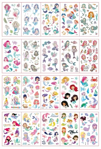 20 Blatt Cartoon Meerjungfrau Temporäre Tattoo Aufkleber Aquarell Ozean Themensammlung Für Kinder Wasserdicht Niedlich Kindliche Party Aufkleber von PEKNUX