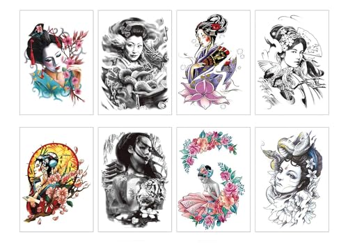 5 Bilder 8 Sheets Temporäre Tattoos Aufkleber Für Erwachsene Japanische Geisha Hawk Lady von PEKNUX