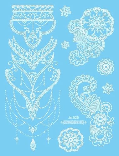 6 Blatt Handbemalte Weiße Mandalas, Temporäre Tätowierungen, Brautjungfern-Gesichtsaufkleber, Schlüsselbeinaufkleber, Temporäre Aufkleber von PEKNUX