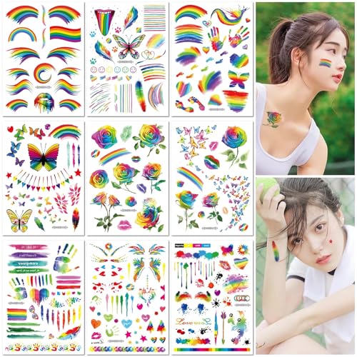 9 Blätter Regenbogen Stil Blume Schmetterling Temporäres Tattoo Aufkleber für Gesicht Hals Körperkunst Wasserdicht Lang anhaltend Make-up für Frauen Mädchen von PEKNUX