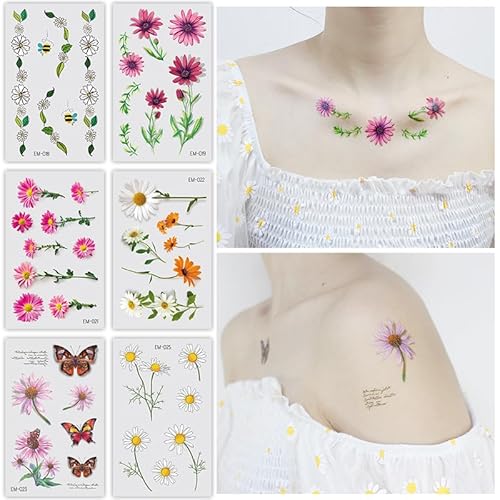 Fake Tattoos Sonnenblume Weißes Kleines Gänseblümchen Sonnenblumenblume Temporäre Tätowierung Wasserdichter Aufkleber von PEKNUX