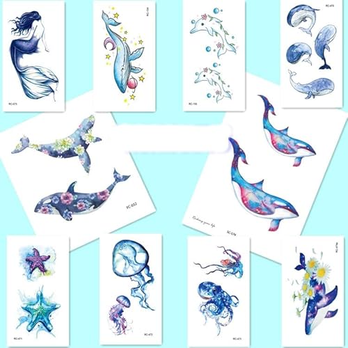 Fake Tattoos Wal Delphin Seestern Qualle Meerjungfrau Wasserdicht Temporäre Tätowierung Kinder Männer Und Frauen Aufkleber von PEKNUX