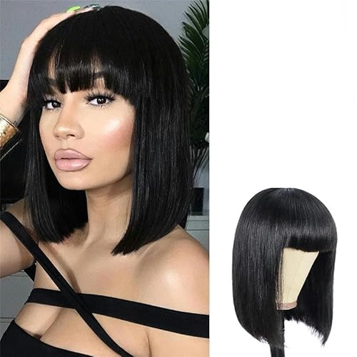 Perücke Damen Kurzes Haar Mit Pony Bobo-Kopf Kurzes Glattes Haar Mechanismus-Technologie Chemiefaser-Kopfbedeckung Schwarz Perücke Damen Kurzes Haar Mit Pony Bobo-Kopf Kurzes Glattes Haar Mechanismus-Technologie Chemiefaser-Kopfbedeckung Schwarz von PEKNUX
