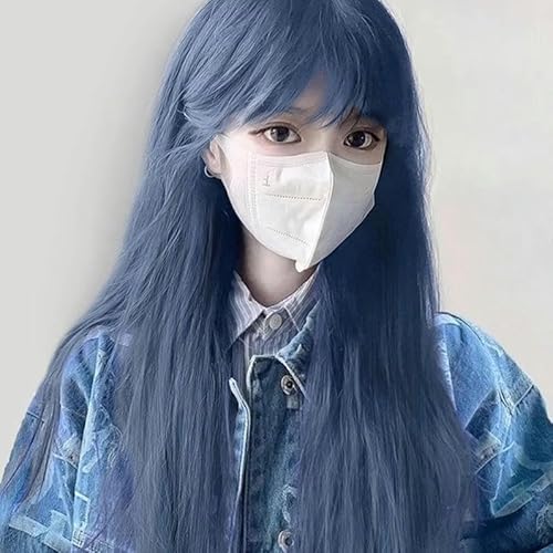 Perücke Weibliche Highlights Dunst Blau Grau Temperament Frauen Volle Kopfbedeckung Langes Glattes Haar Simulation Perückenset von PEKNUX