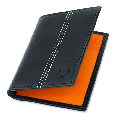 PELLE TORO® Minifold Slim Wallet, Kartenetui Mini, Geldbeutel mit RFID Schutz, Nappa-Leder Geldbörse Herren und Damen, Portemonnaie Männer Klein, Kreditkartenetui Brieftasche, Schwarz Orange von PELLE TORO