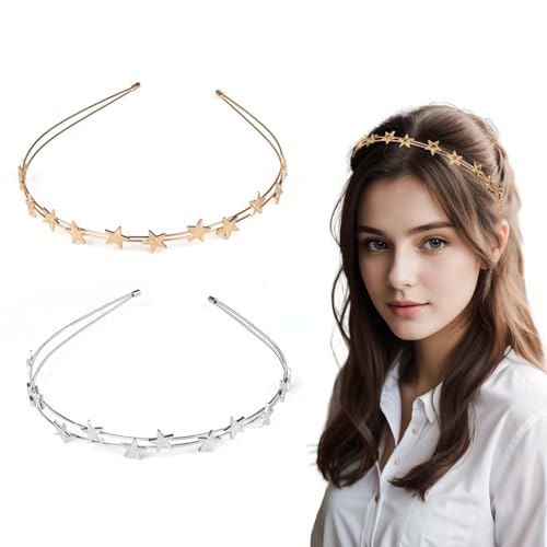 2 Stück Stern Stirnband Damen,Haarschmuck Haarreif Sterne,Doppelreihig Strass Haarband,Glitzer Haarschmuck Stern Kopfbedeckung,Metall Haarband Haarschmuck für Frauen Party Mädchen Braut Brautjungfern von PENCHUAN