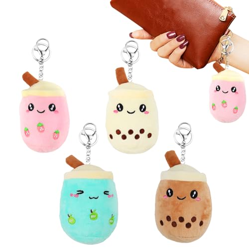 Bubble Tea Kuscheltier Schlüsselanhänger,4 Stück Bubble Tea Anhänger Bubble Plüschtier Boba Kuscheltier Teetasse Kissen Kinderspielzeug für Kinder Erwachsene Halloween Weihnachten Geburtstagsgeschenk von PENCHUAN