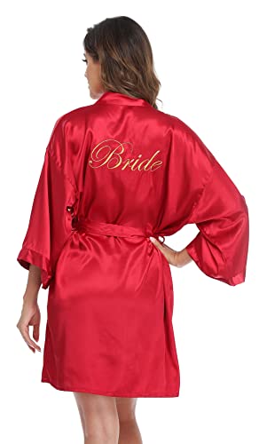 Damen Hochzeit Party Roben für Braut Braut Brautjungfer Satin Kurz Kimono Robe Brautkleid mit Strass, Rot Braut, Einheitsgröße von PENGEE