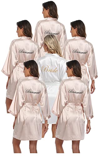 PENGEE 6-teiliges Damen-Bademantel-Set, Satin, für Hochzeit, Party, Brautjungfer, Kimono-Set, Brautparty, Bereitstellung von Brautjungfern, Champagnerfarben und Weiß, Einheitsgröße von PENGEE