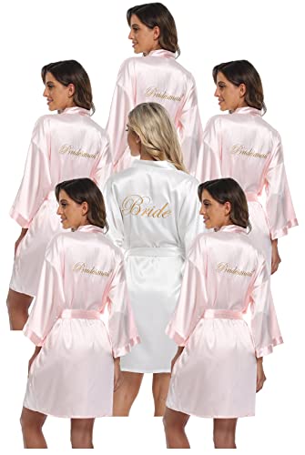 PENGEE 6-teiliges Damen-Bademantel-Set, Satin, für Hochzeit, Party, Brautjungfer, Kimono-Set, Brautparty, Bereitstellung von Brautjungfern, seidiger Bademantel, pink / weiß, Einheitsgröße von PENGEE