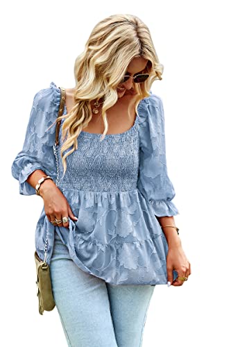 PENGEE Damen Blusen mit quadratischem Ausschnitt Chiffon Floral 3/4 Ärmel Babydoll Tunika Shirt Gesmokte Schößchen Tops, Blau, Small von PENGEE