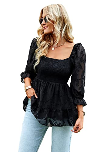 PENGEE Damen Blusen mit quadratischem Ausschnitt Chiffon Floral 3/4 Ärmel Babydoll Tunika Shirt Gesmokte Schößchen Tops, Schwarz, Large von PENGEE