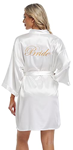 PENGEE Damen Hochzeit Party Roben für Braut Braut Brautjungfer Satin Kurz Kimono Robe Brautkleid mit Strass, Weiße Braut, Einheitsgröße von PENGEE