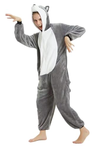 PENGMAI Unisex Erwachsene Tier Cosplay Husky Hund Onesie Halloween Pyjama Cosplay Kostüm für Damen Herren Loungewear, grau, 46 von PENGMAI