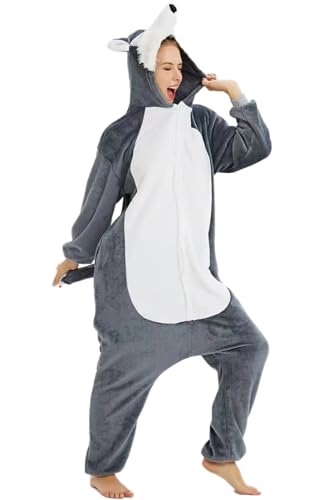 PENGMAI Unisex Erwachsene Tier Cosplay Wolf Onesie Halloween Pyjama Cosplay Kostüm für Damen Herren Loungewear, wolf, 42 von PENGMAI