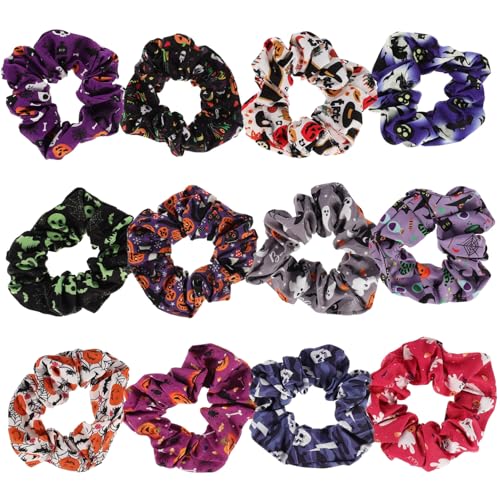 PENIKOKO 12 Stück Teiliges Halloween Haargummi Elastische Weiche Haarbänder mit Festlichen Mustern Vielseitig für Damen und Mädchen für Ponytail Zopfgummi und Festliche Frisuren von PENIKOKO