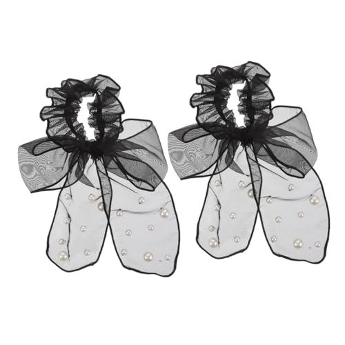 PENIKOKO 2 Stück Großer Schwarzer Haargummi mit Schleife und Perlen Elastischer Mesh Scrunchie für Pferdeschwanz und Dutt Modischer Gepunkteter Organza Haarschmuck für Damen von PENIKOKO