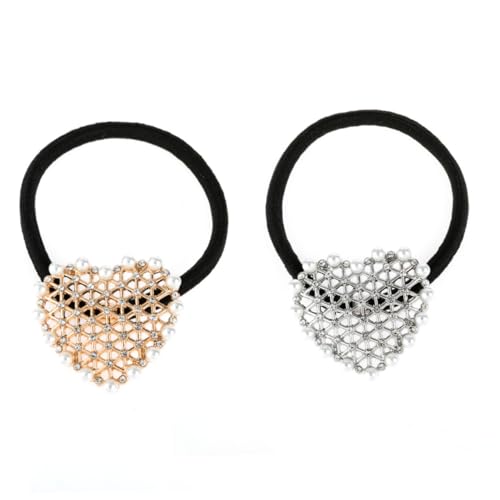 PENIKOKO 2 Stück Herzförmige Haargummis mit Perlen und Strass Retro Haarbänder für Mädchen Ponytail Holder Modische Leichte Haaraccessoires in Gold und Silber Vielseitig für Alltag und von PENIKOKO